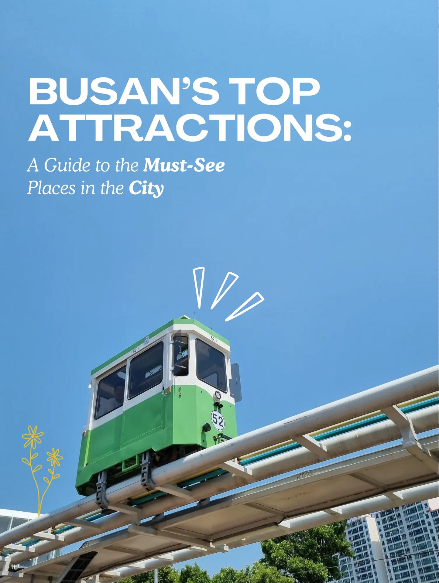 Magazine page with a green trolley on a blue background, titled 'Busan's Top Attractions'.
