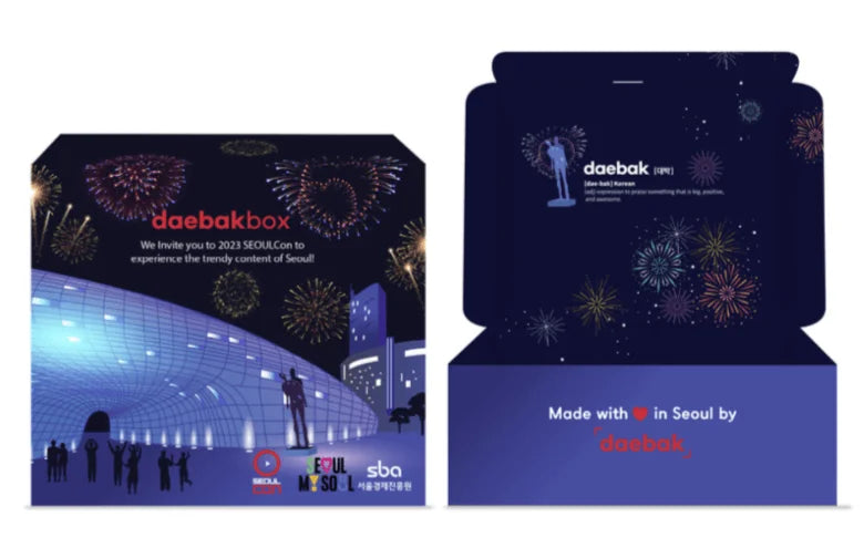 SEOULCon 2023 x daebak Fall Box featuring exclusive K-pop merchandise, Korean skincare, snacks, and seasonal lifestyle items in themed packaging.