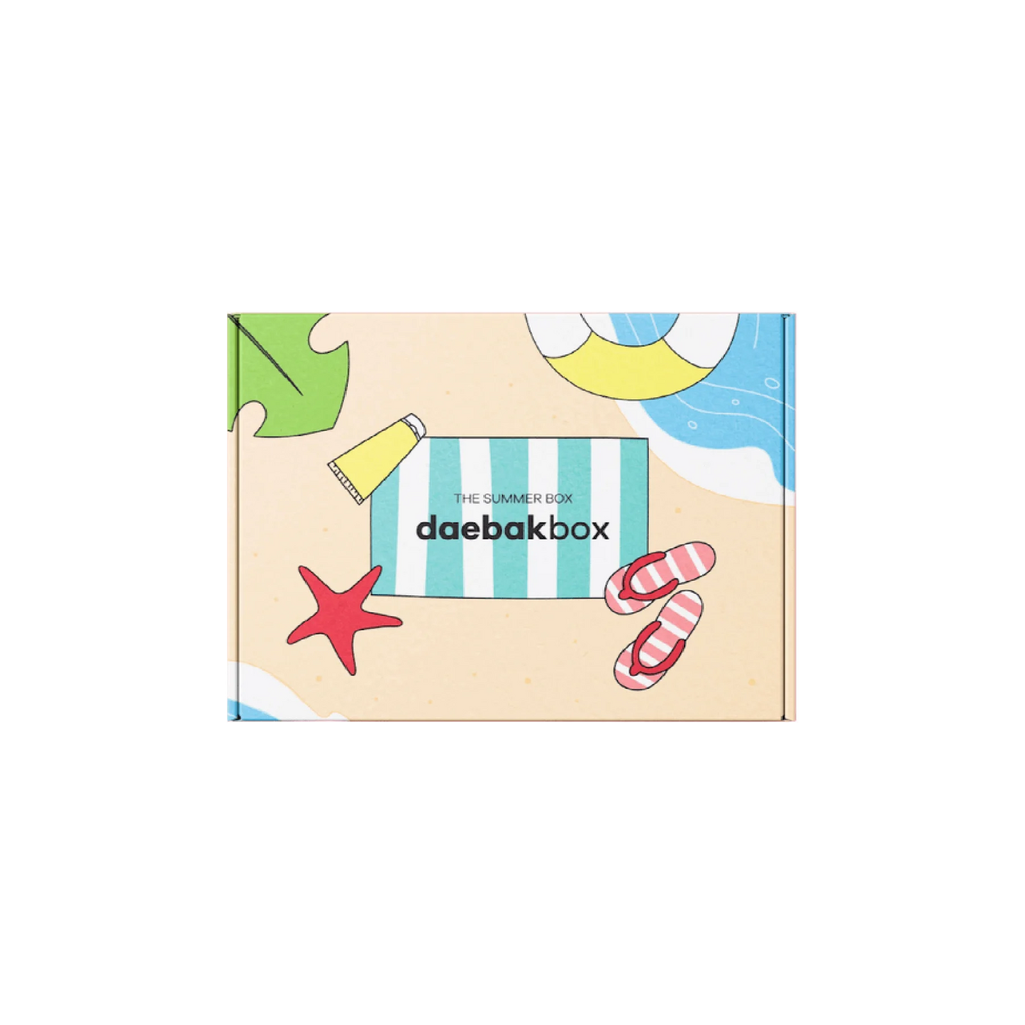 Daebak Summer Box filled with Korean skincare, makeup, snacks, and lifestyle items in vibrant, summer-themed packaging.
