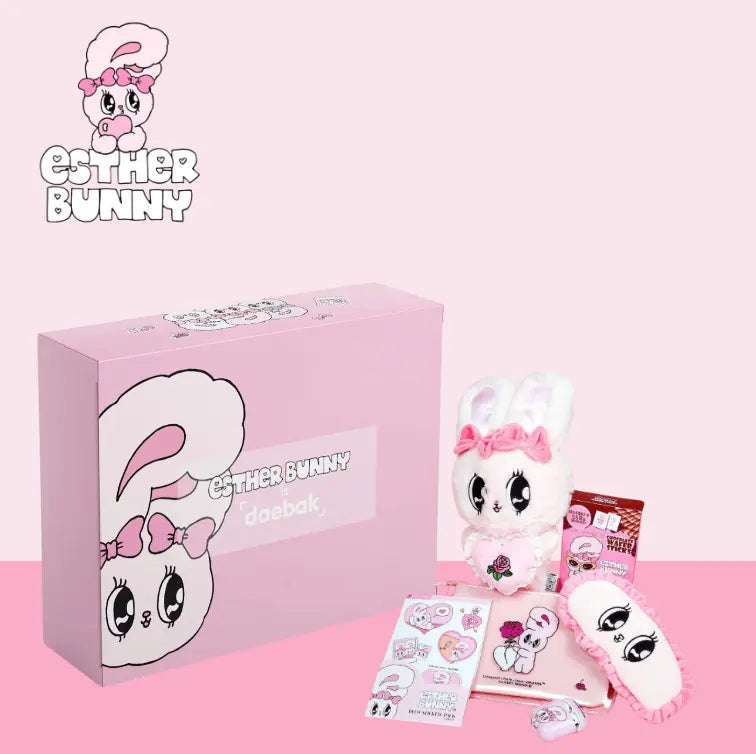 Esther Bunny is daebak collab box featuring limited-edition K-beauty items and cute collectibles in a pastel-themed packaging.