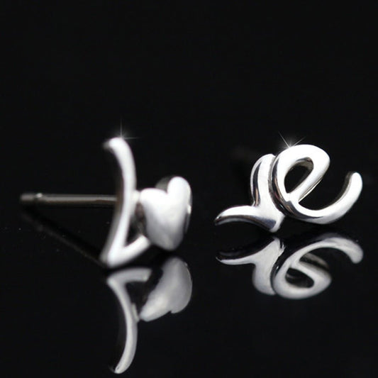 Female Korean Fashion Love English Sier Stud Earrings - Daebak