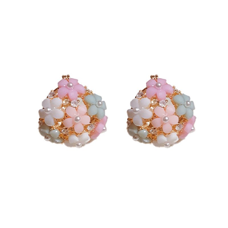 Fresh And Fashionable Zircon Pearl Flower Earrings - Daebak