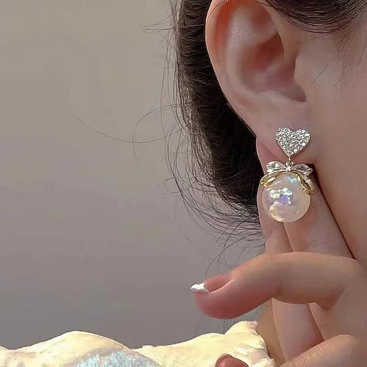 Korean Heart Drop Earrings For Women Girl Romantic Valentine's Day Gift Fashion Jewelry Trend Hanging Pearl Cute Bowknot Earring - Daebak