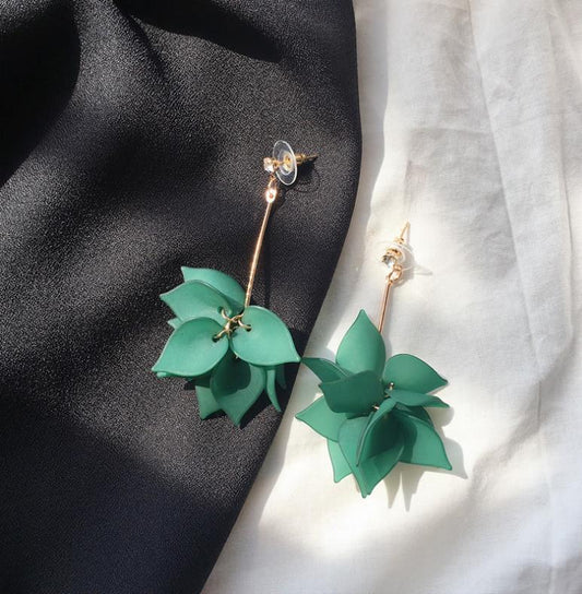 Korean Style Frosted Leaf Petal Long Flower Tassel Lotus Earrings - Daebak