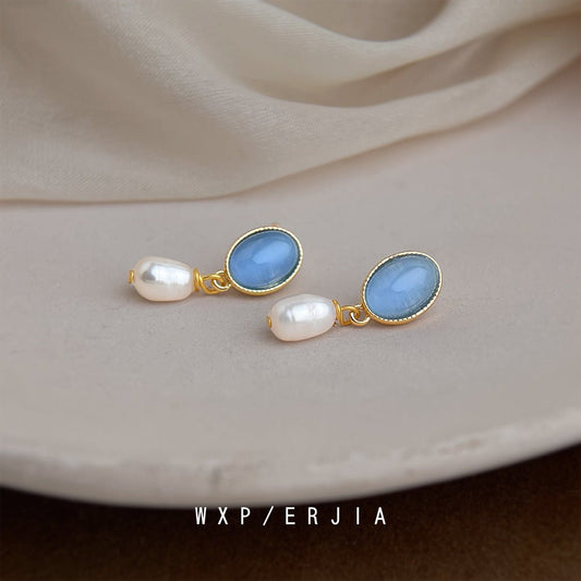 Pearl Gold Plated Mosquito Coil French Fresh Blue Glass Opal Ear Clip - Daebak