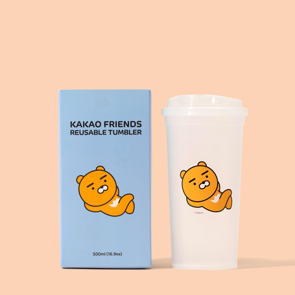 Transparent Reusable Tumblers KakaoFriends Licensed Design - 16.9oz travel coffee tea mug with lid (RYAN) - Daebak