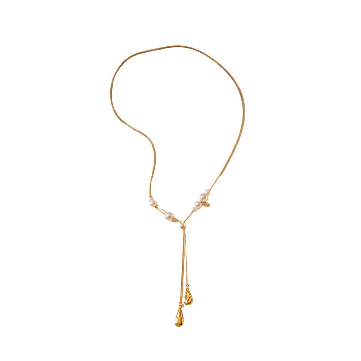 Women Dainty Snake Chain Y Lariat Faux Pearl Teardrop Drop Necklace, PVD Gold Plated Adjustable Layering Choker For Daily Wedding Gift - Daebak