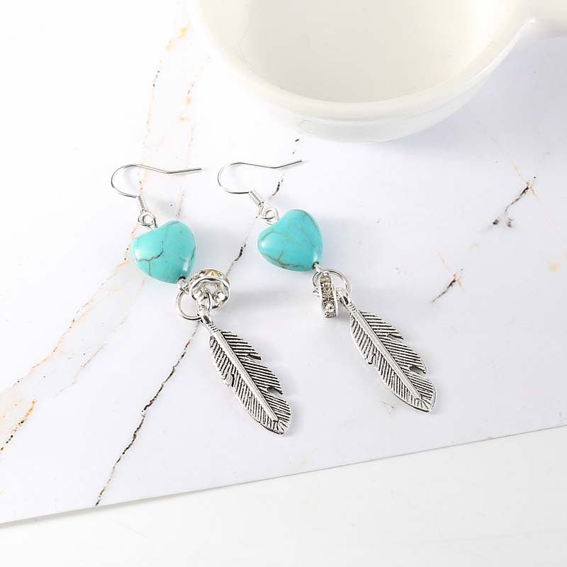Women's Korean Style Trendy Turquoise Feather Vintage Alloy Stud Earrings - Daebak
