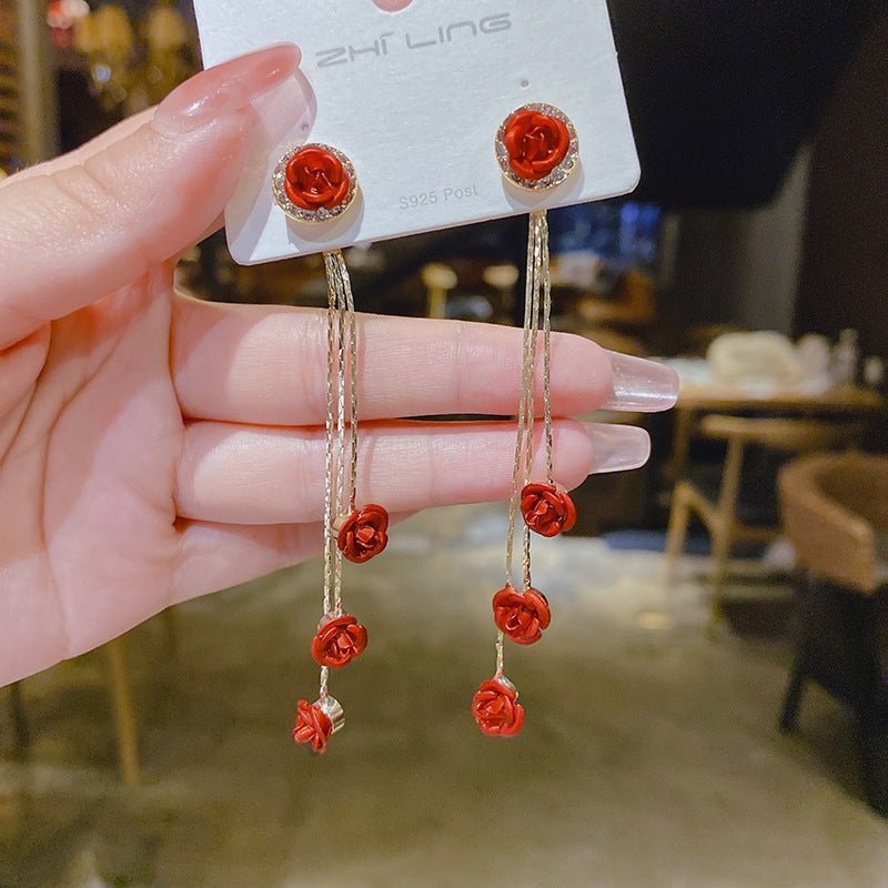 Women's Needle Red Rose Tassel For Trendy Korean Style Simple Design Earrings - Daebak
