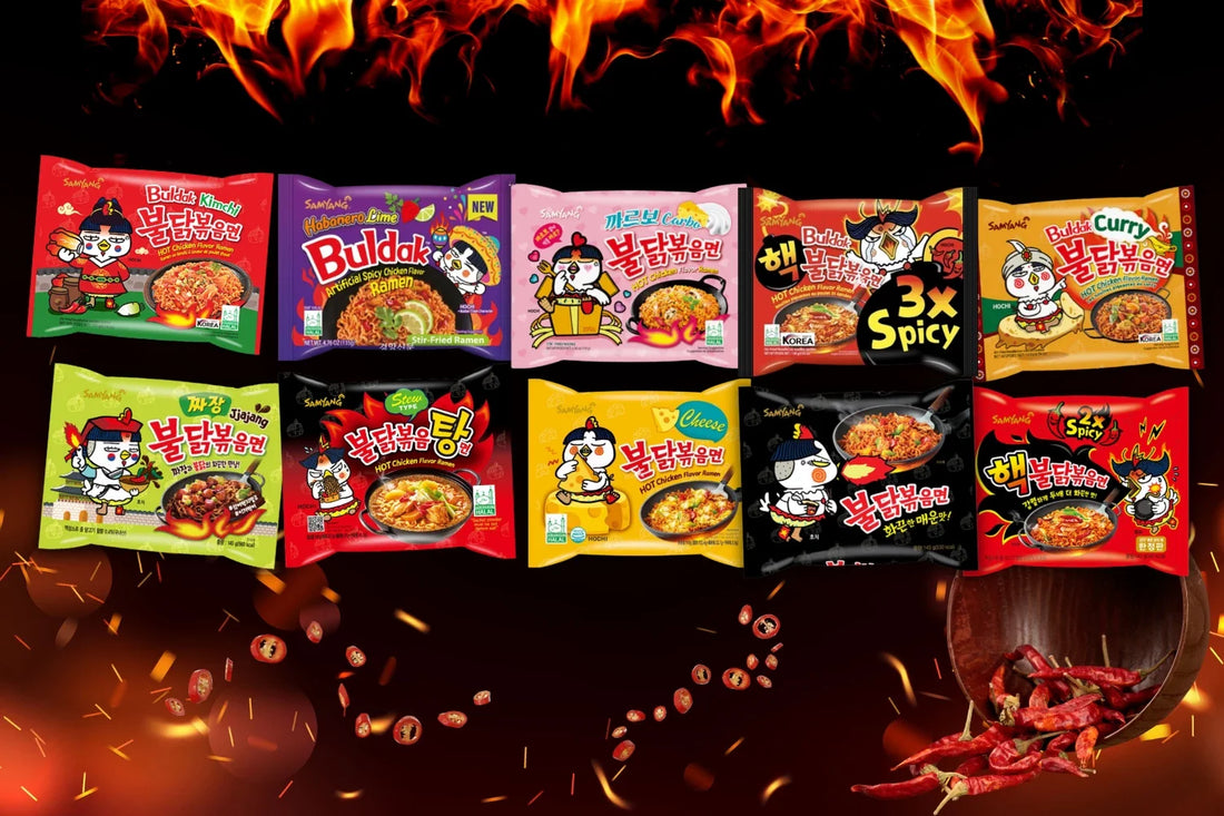 Samyang Buldak Fire Chicken stir fry noodles bowl with sesame seeds and seaweed