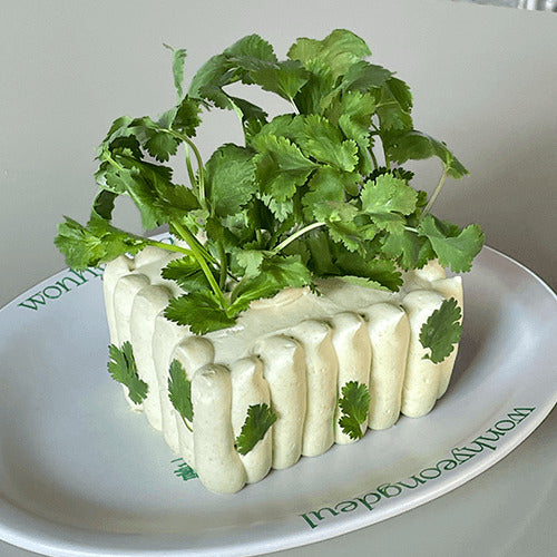 Vividly colored dessert cake topped with herbs and fresh greens at a Seoul dessert cafe, representing the city's flower-cake bakery scene