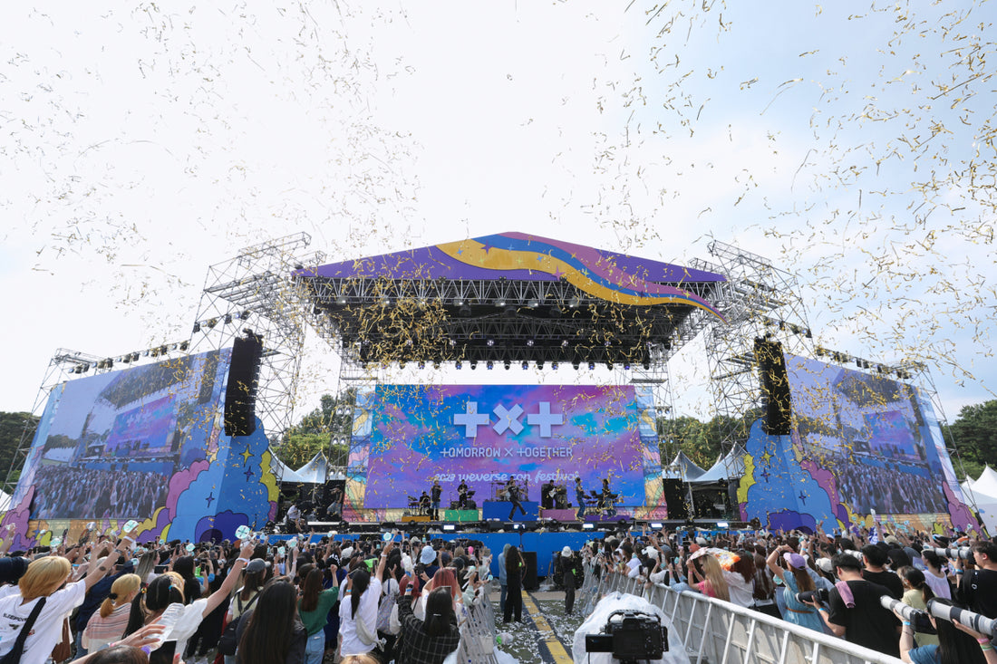 A K-pop boy band performs during the Weverse Festival at the 2023 Weverse Con Festival held at Olympic Park, the kind of live moment fans follow through K-pop fan apps
