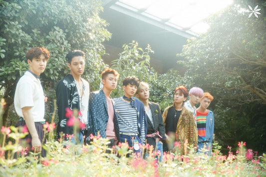 EXO group teaser image for The War comeback promoting Ko Ko Bop, the nine-member SM Entertainment K-pop group in coordinated summer outfits