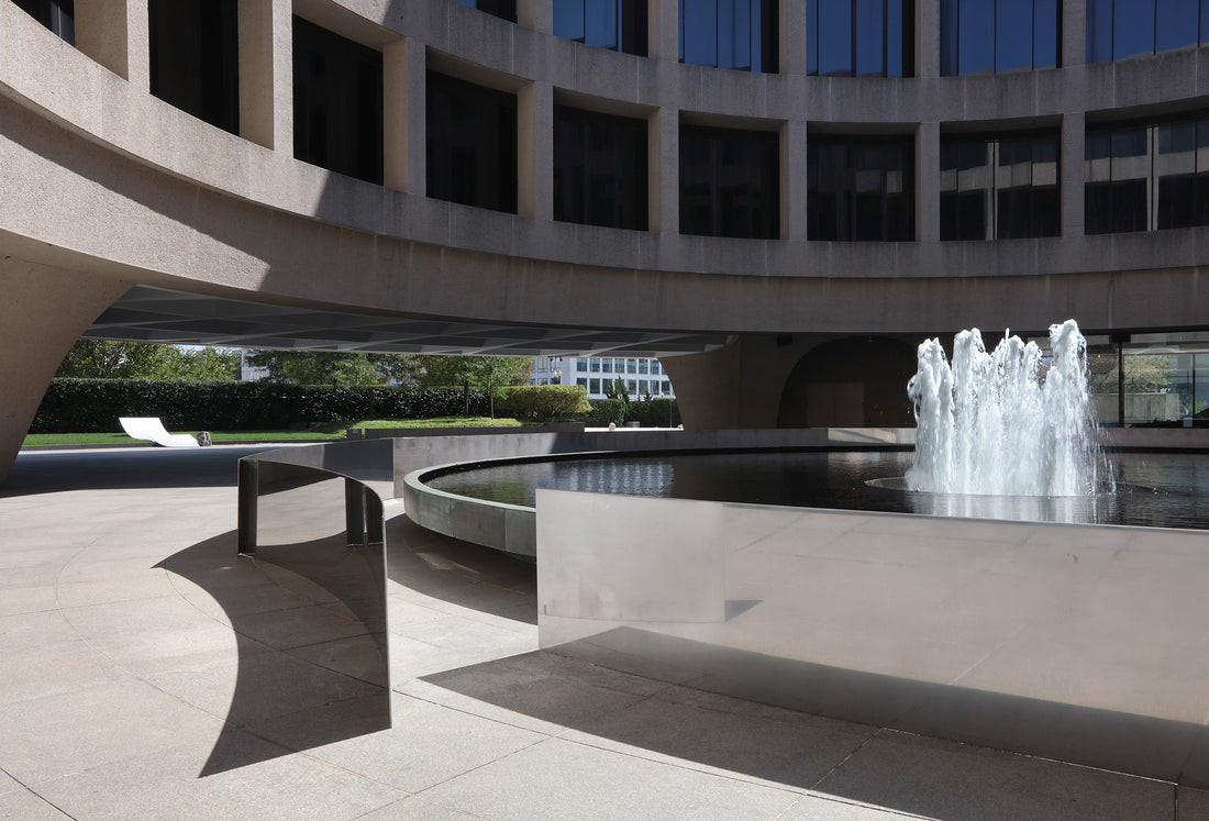 Lee Ufan Relatum sculpture installation at Hirshhorn Museum featuring large natural boulders paired with steel plates on outdoor plaza