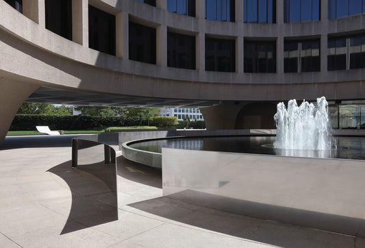 Lee Ufan Relatum sculpture installation at Hirshhorn Museum featuring large natural boulders paired with steel plates on outdoor plaza