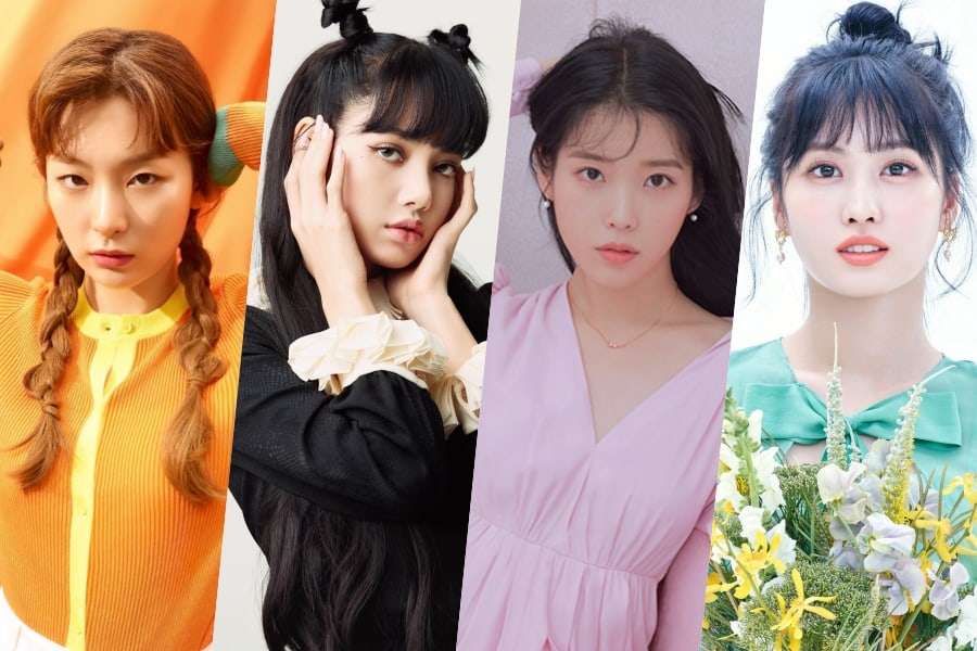 K-pop idols Seulgi, Lisa, IU, and Momo showing signature hairstyles and bangs, inspiration for Korean hair YouTuber tutorials
