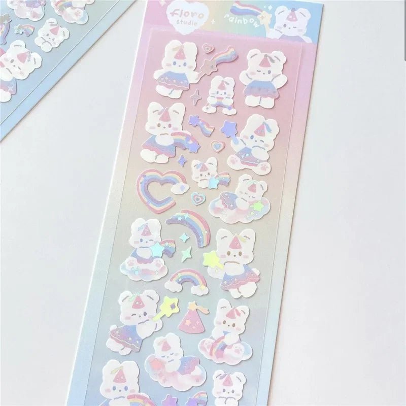 1pc Korean Cute Sticker Kawaii Bling Bunny Rainbow Four-leaf Pudding Sticker Waterproof Hot Silver Sticker for Student DIY Photo - Daebak