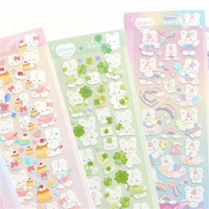 1pc Korean Cute Sticker Kawaii Bling Bunny Rainbow Four-leaf Pudding Sticker Waterproof Hot Silver Sticker for Student DIY Photo - Daebak