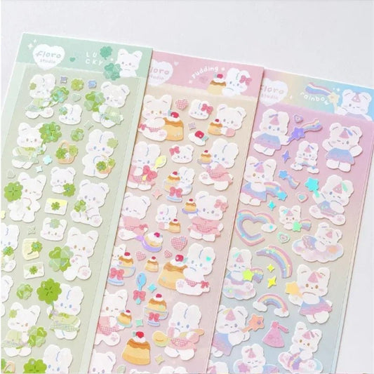 1pc Korean Cute Sticker Kawaii Bling Bunny Rainbow Four-leaf Pudding Sticker Waterproof Hot Silver Sticker for Student DIY Photo - Daebak