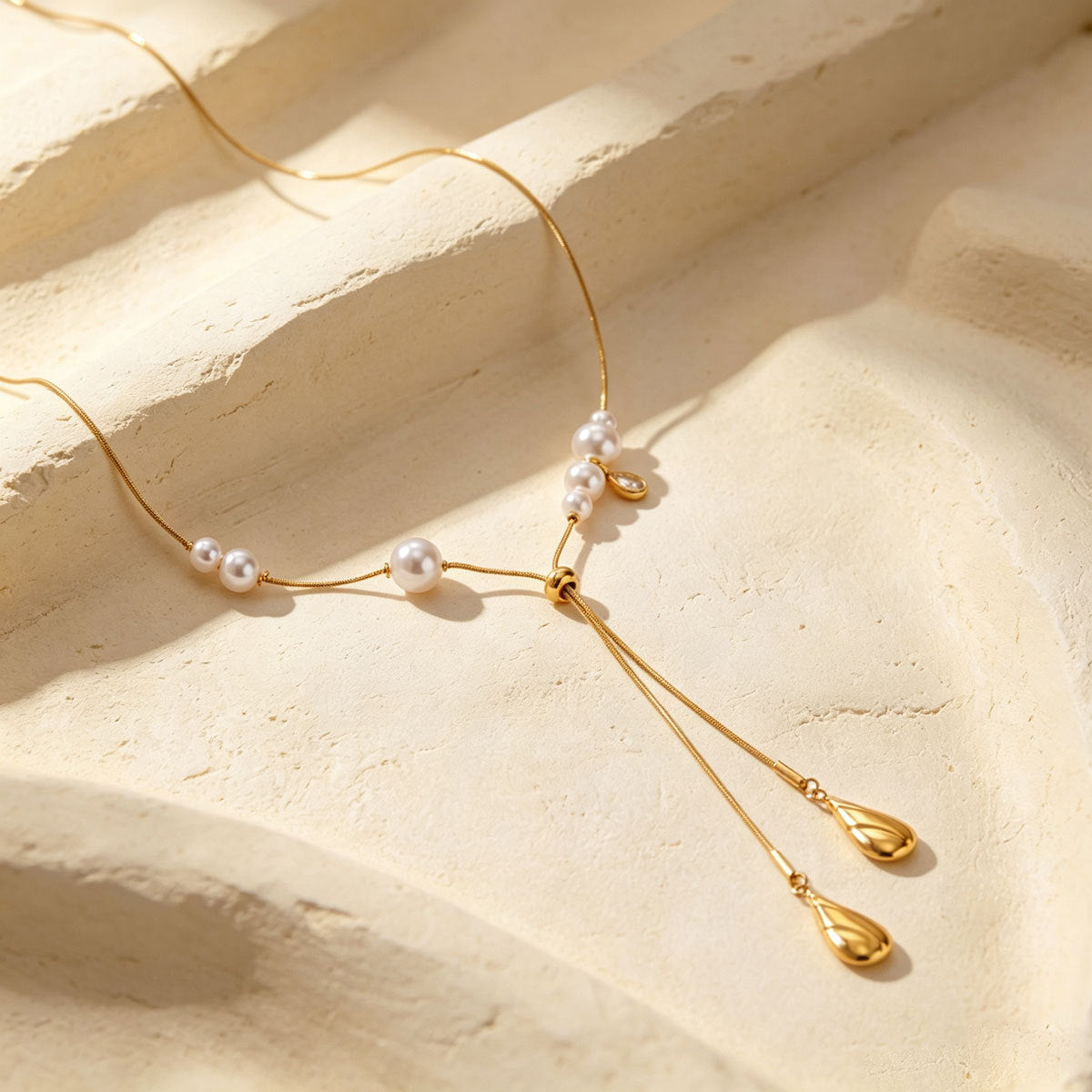 Women Dainty Snake Chain Y Lariat Faux Pearl Teardrop Drop Necklace, PVD Gold Plated Adjustable Layering Choker For Daily Wedding Gift