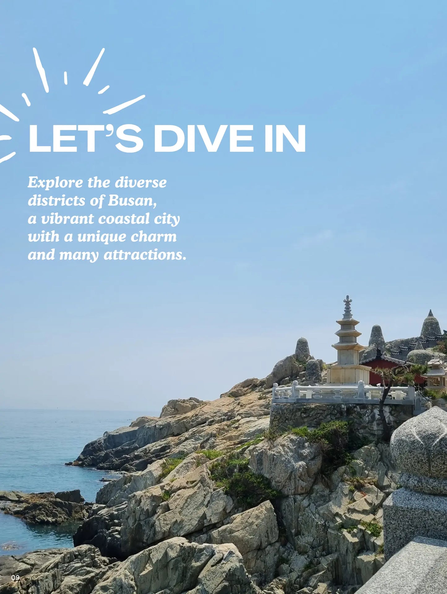 Stupa on rocky outcrop with ocean view and text 'Let's Dive In' promoting Busan, South Korea.