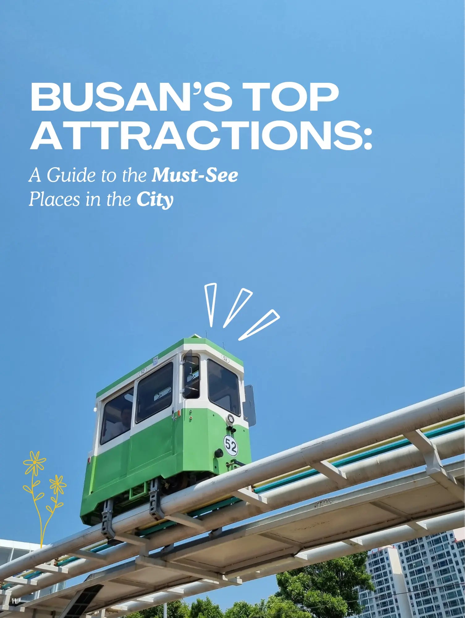 Magazine page with a green trolley on a blue background, titled 'Busan's Top Attractions'.