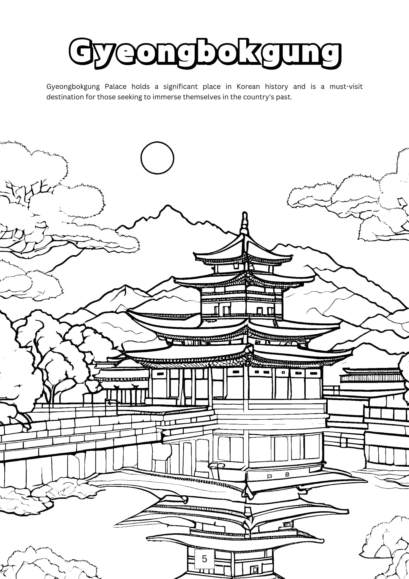 Black and white line drawing of Gyeongbokgung Palace with scenic background
