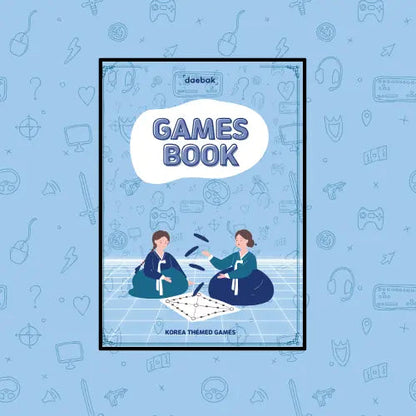 Book cover of 'Games Book' with two people playing a game on a blue background with gaming icons.