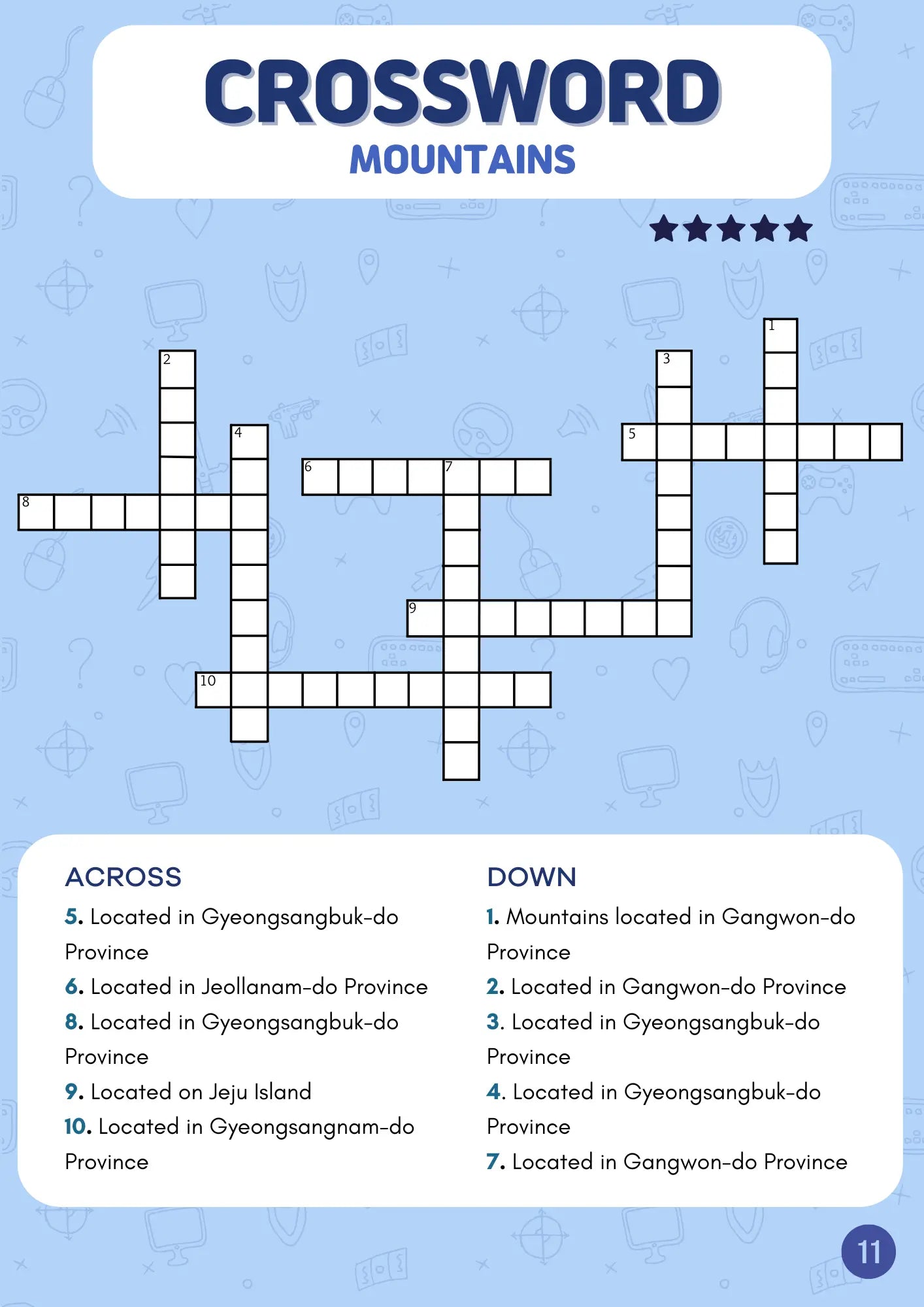 Crossword puzzle titled 'Mountains' with clues on a blue background
