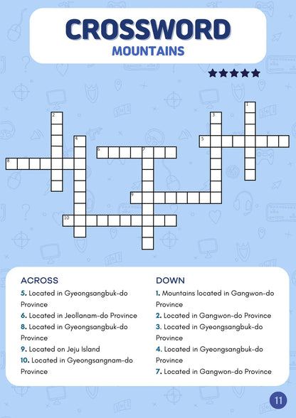 Crossword puzzle titled 'Mountains' with clues on a blue background