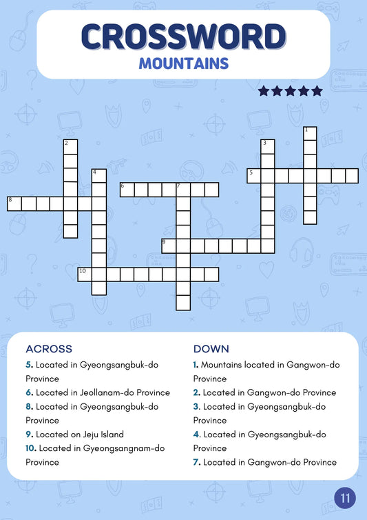 Crossword puzzle titled 'Mountains' with clues on a blue background