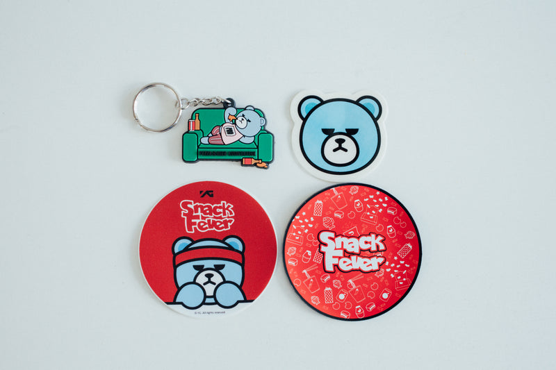 Snack Fever stickers and a keychain