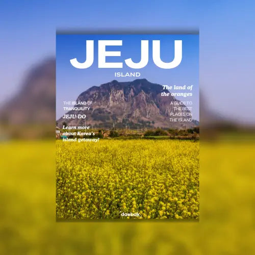 Book cover of 'Jeju Island' with a mountain and yellow flowers in the background