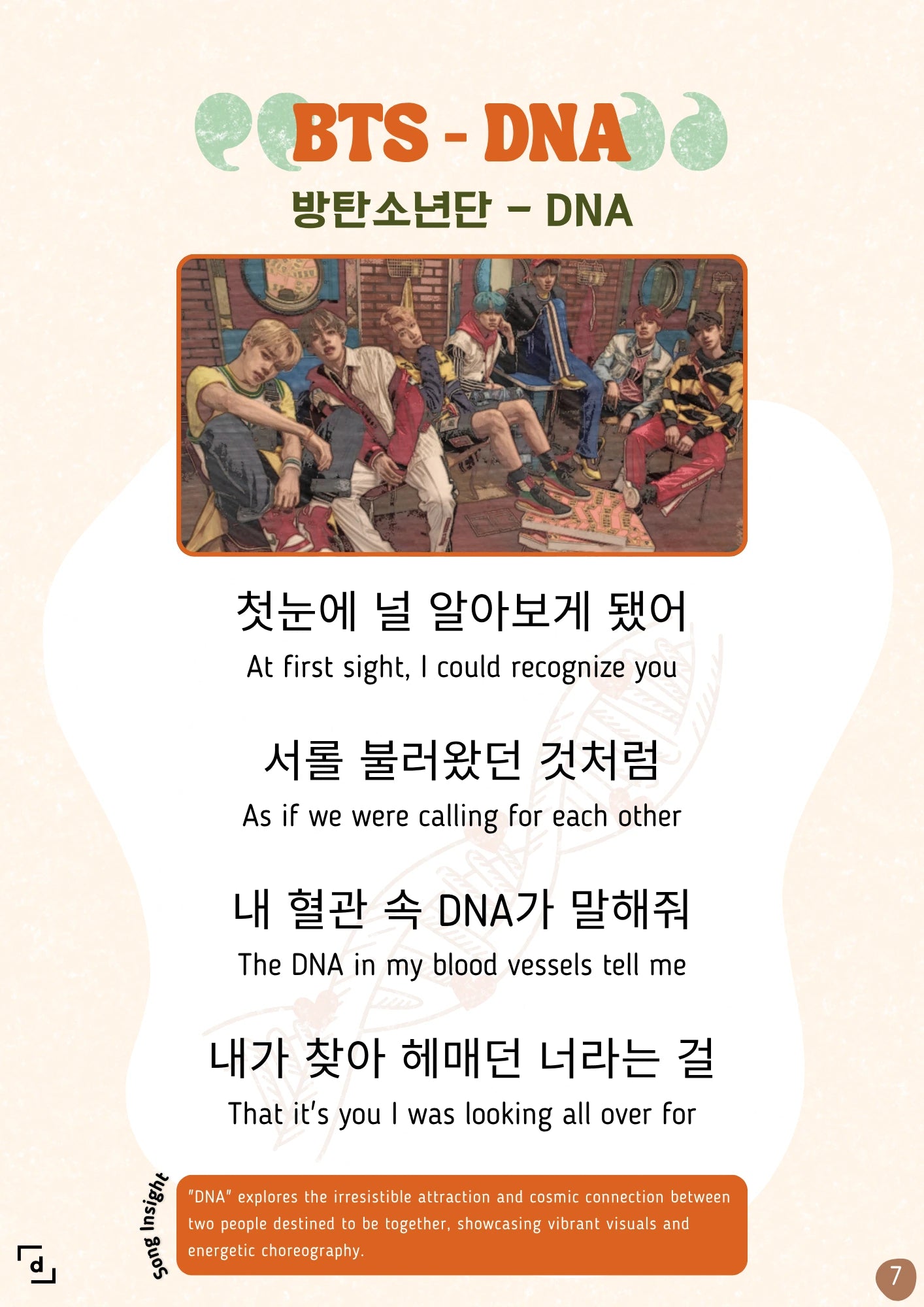 BTS DNA image with lyrics written in English and Korean.