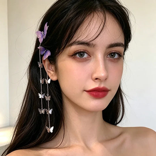 1Pair Butterfly Hairpins Korean Style Metal Tassel Long Hair Clips for Girl Vintage Side Clip Party Jewelry Hair Accessories