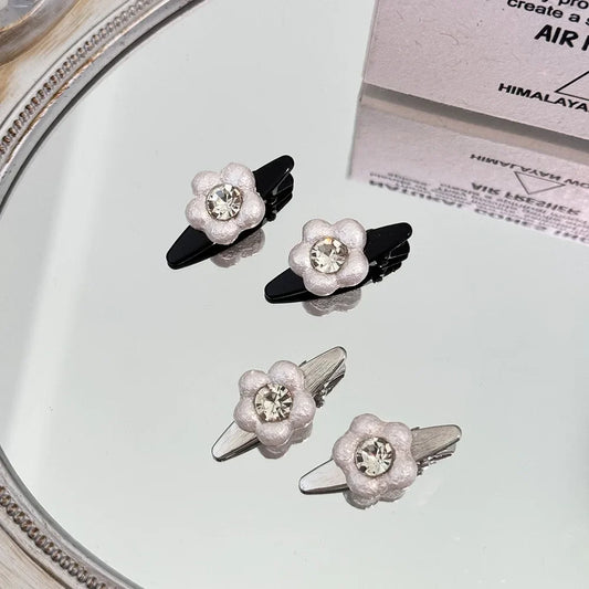 2pcs Sweet Fashion Korean Style Pearl Flower Clip Womens Bangs Clip Elegant Designed Duckbill Hair Rhinestone Accessory Pair Set