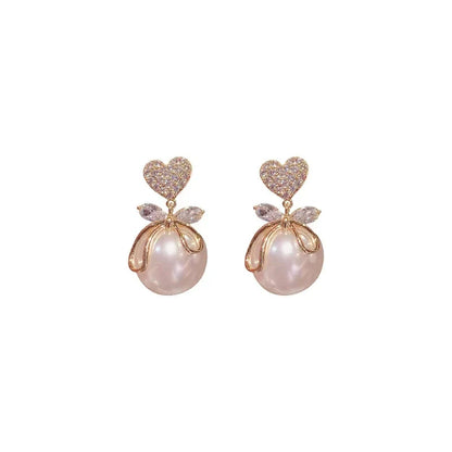 Korean Heart Drop Earrings For Women Girl Romantic Valentine's Day Gift Fashion Jewelry Trend Hanging Pearl Cute Bowknot Earring