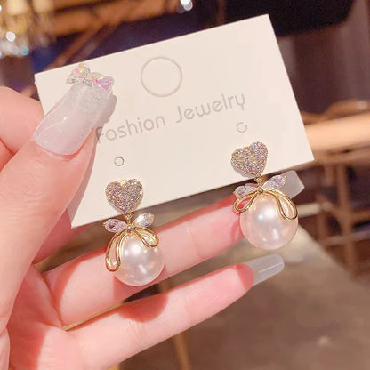 Korean Heart Drop Earrings For Women Girl Romantic Valentine's Day Gift Fashion Jewelry Trend Hanging Pearl Cute Bowknot Earring