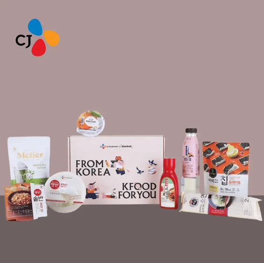 CJ is daebak collab box featuring a variety of Korean ready-to-eat meals, snacks, and sauces from CJ Foods.