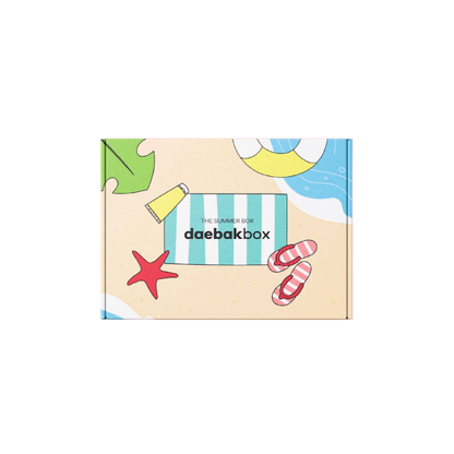 Daebak Summer Box filled with Korean skincare, makeup, snacks, and lifestyle items in vibrant, summer-themed packaging.