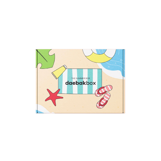 Daebak Summer Box filled with Korean skincare, makeup, snacks, and lifestyle items in vibrant, summer-themed packaging.