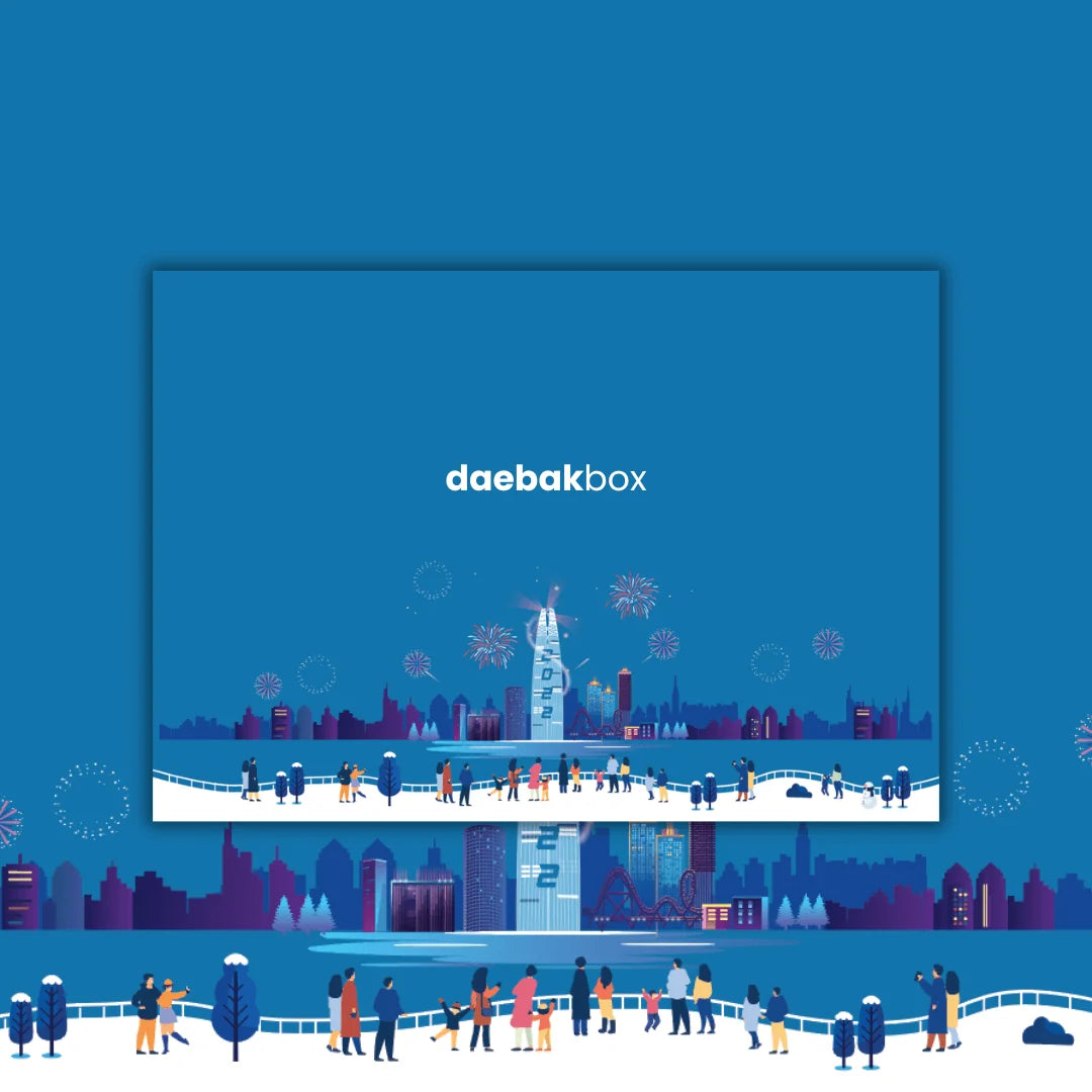 Daebak Winter Box showcasing Korean skincare, cozy fashion accessories, festive snacks, and limited edition winter-themed items in seasonal packaging.