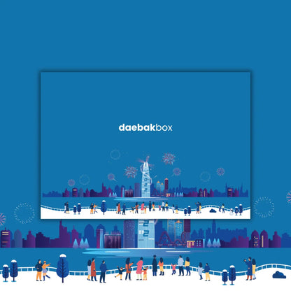 Daebak Winter Box showcasing Korean skincare, cozy fashion accessories, festive snacks, and limited edition winter-themed items in seasonal packaging.