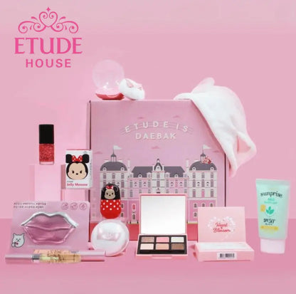 ETUDE is daebak collab box featuring Korean makeup and skincare products in cute, colorful packaging from ETUDE and daebak.