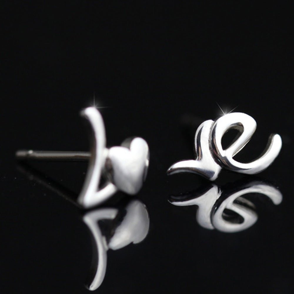 Female Korean Fashion Love English Sier Stud Earrings - Daebak