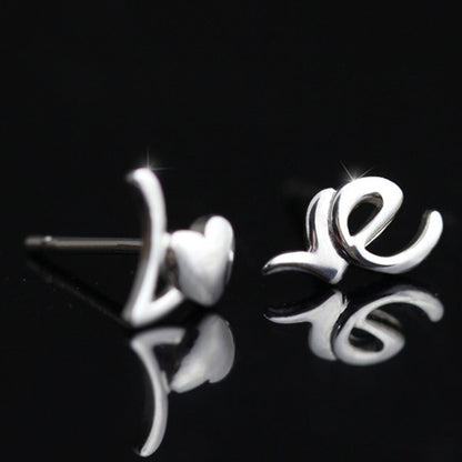 Female Korean Fashion Love English Sier Stud Earrings - Daebak