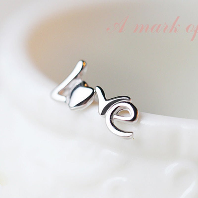 Female Korean Fashion Love English Sier Stud Earrings - Daebak