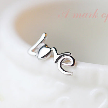Female Korean Fashion Love English Sier Stud Earrings - Daebak