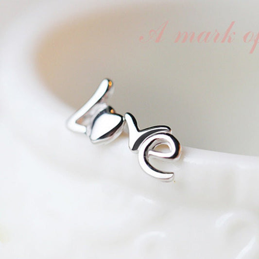 Female Korean Fashion Love English Sier Stud Earrings - Daebak