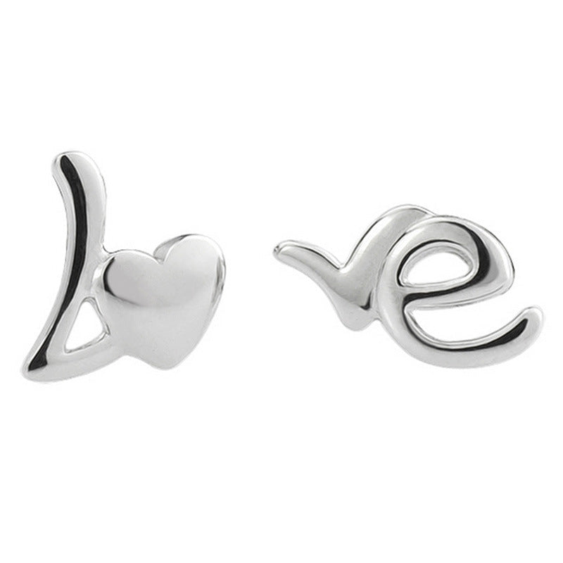 Female Korean Fashion Love English Sier Stud Earrings - Daebak